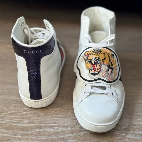 Men’s Gucci White High-Top Sneakers with Tiger Patch